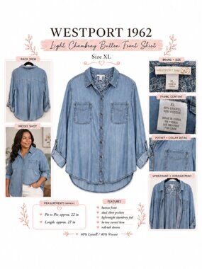 Westport 1962 Soft Denim Chambray Button Down Shirt Floral Yoke - XL